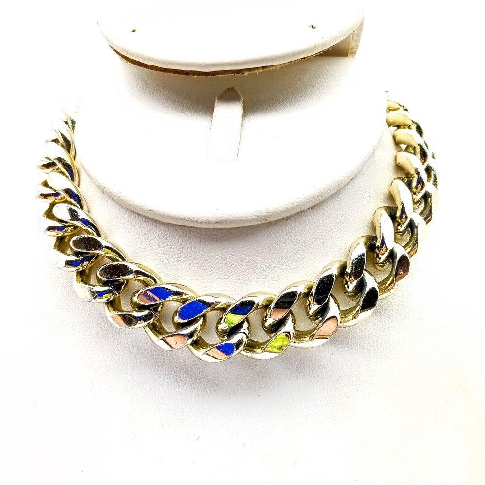 Chunky Vintage Eloxal Necklace, Large Curb Link Chain, Gold Tone Choker Length